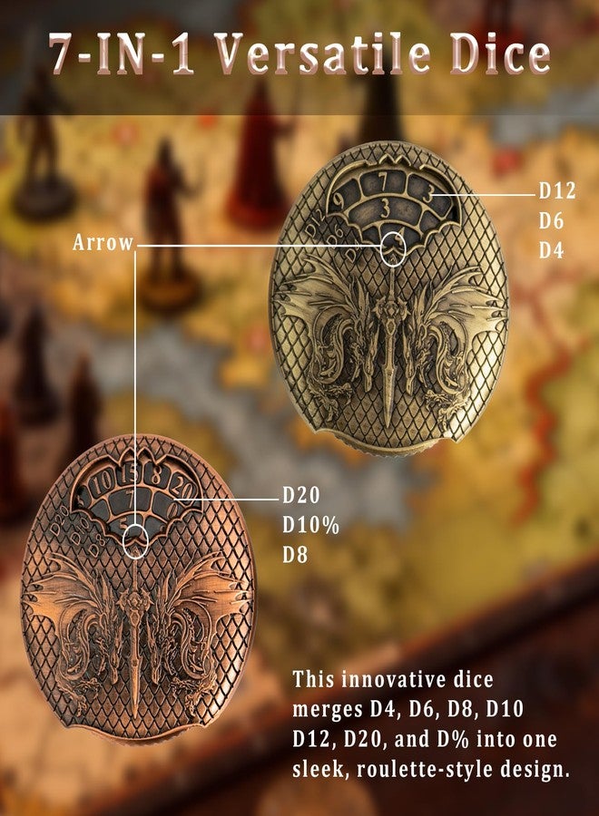 EZUO DND Spinning Dice Fidegt, Rotating Metal D&D Dice Set with 3D Relief Design, Set for Role Playing Gaming with Box, Replacement for D&D, MTG, Pathfinder, Shadowrun (Bronze) - Image 3